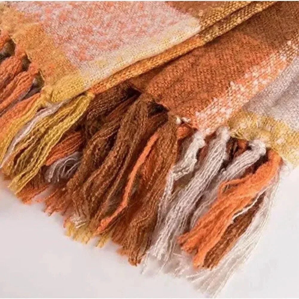 Orange Plaid Blanket Throw Acrylic Soft Reversible Dyed Fringed Bed Blanket f... - Picture 7 of 14